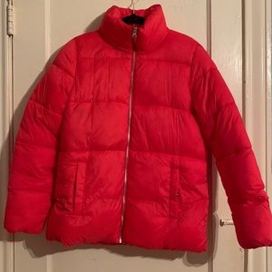 Red puffer jacket